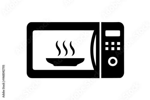 microwave oven with steaming dish inside, kitchen appliance for heating or cooking food quickly using electromagnetic waves.