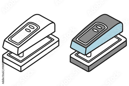 Two stapler forms appear, one is monochrome outline and other has a gray and blue color scheme