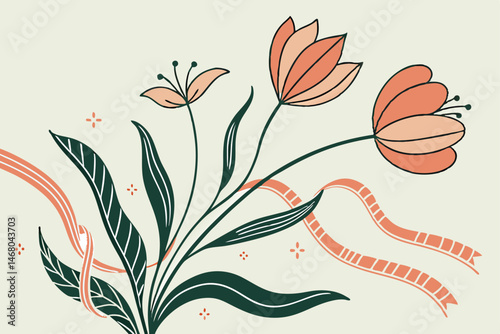 Hand-Drawn Floral Illustration with Tulips, Leaves, and Ribbons in Muted Pastel Colors for Modern Design.
