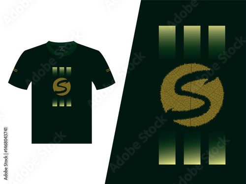 S Letter Vector Green T-Shirt Design with golden print