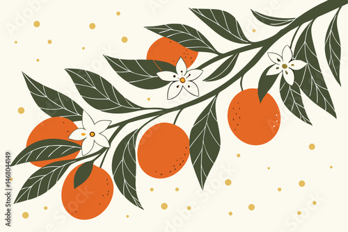 Stylized Orange Branch with Flowers and Leaves Illustration on a Cream Background.