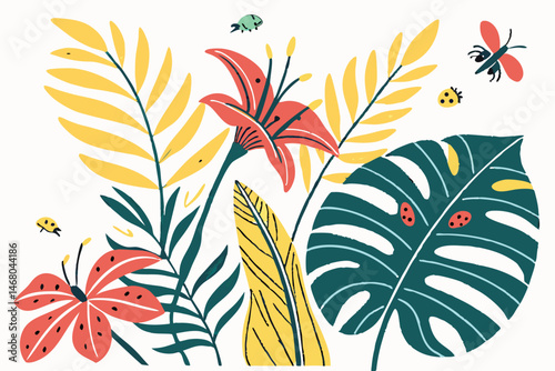 Whimsical Tropical Foliage and Blooms Illustration with Ladybugs and Insects in a Playful Style.