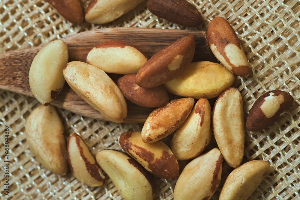 Obraz premium Brazil nuts, export product from the Amazon. Brazil nuts on a rustic surface with a wooden spoon. Brazilian food