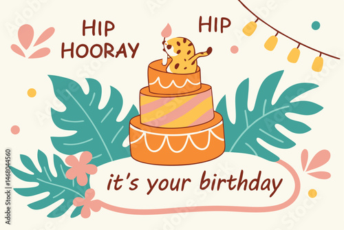 Festive Birthday Illustration with Cake, Dog, and Tropical Leaves for Celebrations and Invitations.