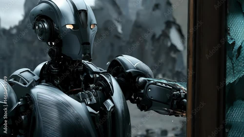 Futuristic robot inspecting shattered glass in a dystopian landscape Futuristic robot inspecting shattered glass in a dystopian landscape