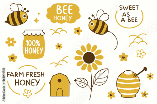Cartoon honey themed vector design with bees, sunflower, beehive, jar, birds and farm building elements.