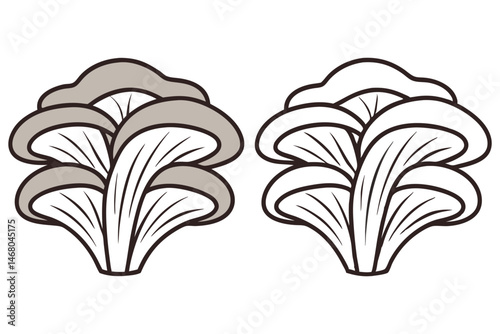 Stylized oyster mushroom appears in two versions, one is filled with grey color