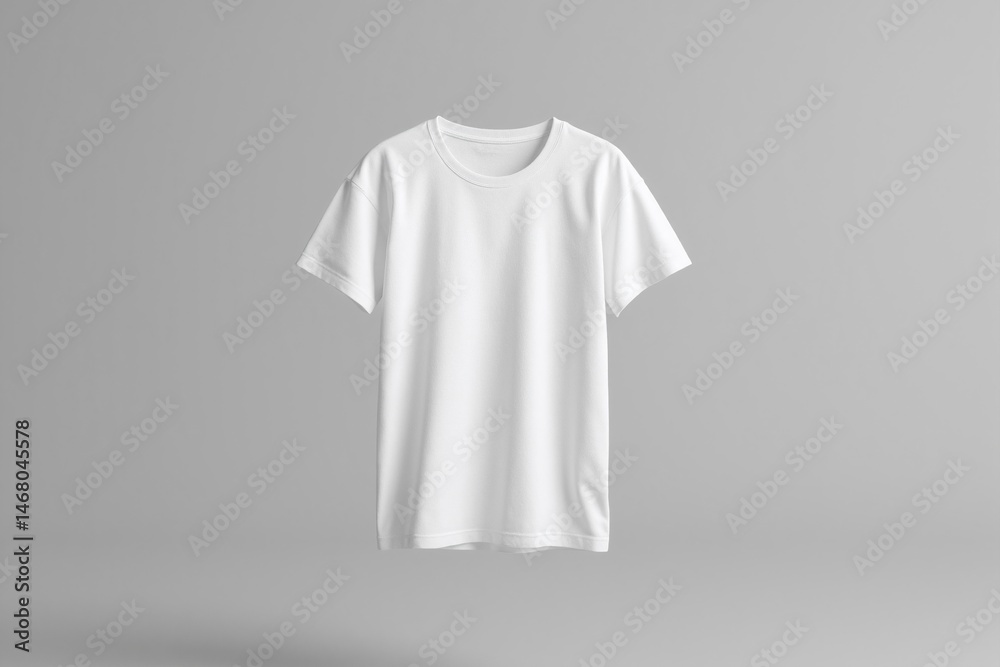A white t-shirt is displayed against a gray backdrop. A white t-shirt is displayed against a gray backdrop.