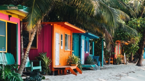 Fototapeta Naklejka Na Ścianę i Meble -  Vibrant Colorful Beach Houses Under Lush Tropical Foliage