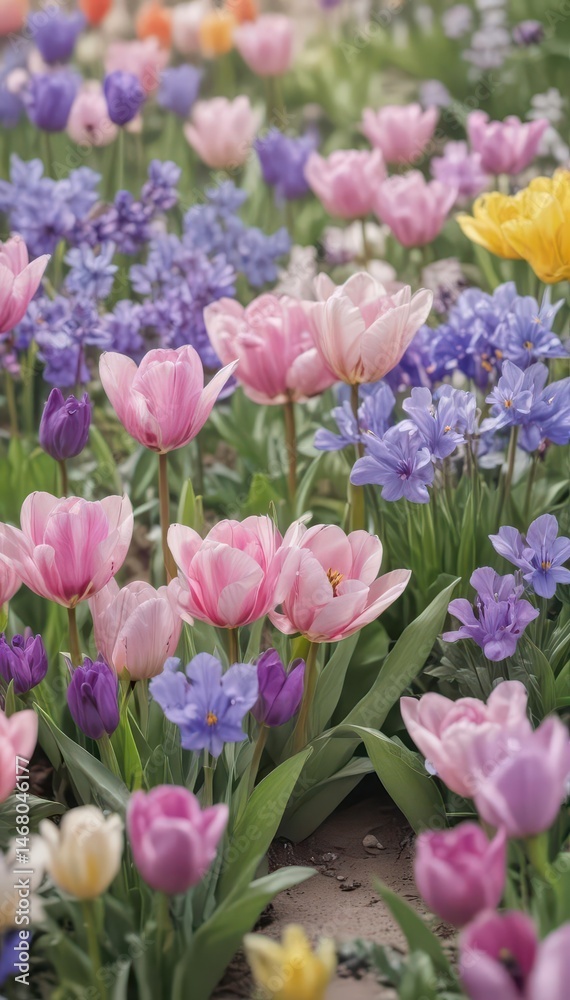 Fototapeta premium A pastel dream of tulips and violets, soft hues, and delicate blooms , whimsical, delicate