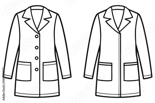 Isolated black outline shows two different styles of white lab coat jackets