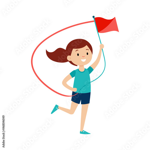 Girl Skipping Rope with Flag Ribbon on Transparent Background