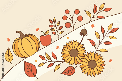 Autumn Vector Composition Featuring Pumpkin, Sunflowers, Apple, Berries, and Fall Foliage, Against a Cream Background.