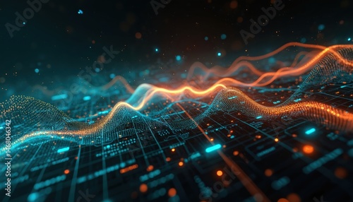 Digital illustration financial data processing with mathematical equations on black background. Orange, teal color tones. Abstract design concept for tech, science background. Data visualization.