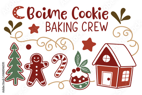 Festive Cookie Baking Crew Vector Illustration with gingerbread man, candy cane, Christmas tree, and gingerbread house elements.