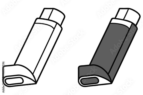 Two inhaler images, one colored grey and the other white, both featuring black outlines