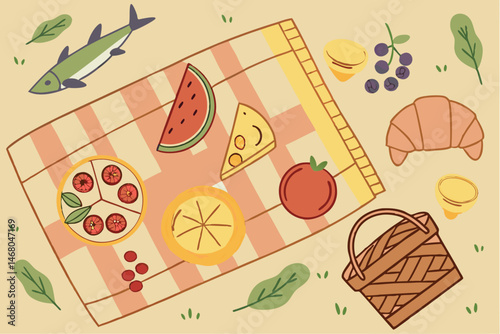 Illustrated Picnic Blanket with Food and Drink Featuring Fresh Produce, Croissant, Fish, and Cheese on Beige Background