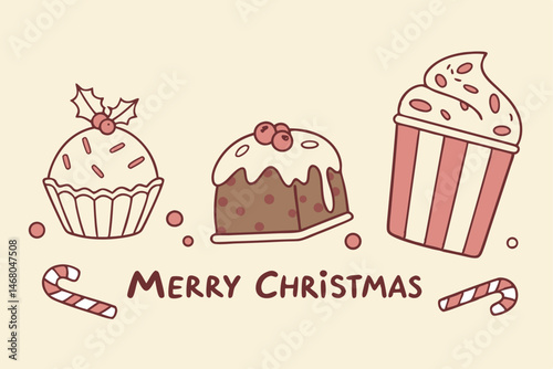 Festive Christmas Cartoon Illustration with Holiday Sweets and Merry Christmas Text, Beige Background.