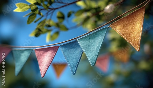 Pastel bunting hangs from a tree branch, adding a touch of whimsy to a sunny day.