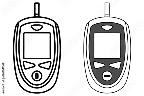 Two glucometers display simple black outline and grayscale filling on a plain white background