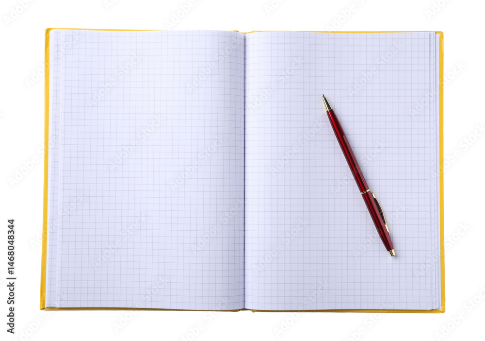 Pen and open notebook isolated on white, top view Pen and open notebook isolated on white, top view