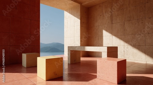 Minimalist Concrete Architecture with Mountain Vista Serene Space Cubic Forms Tranquil Setting