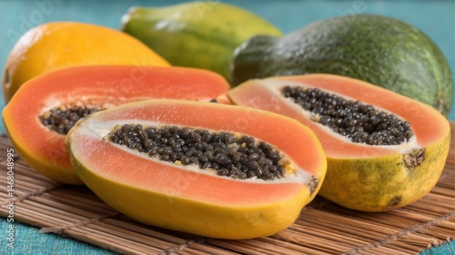 Papaya Paradise Arrangement with Green Mangoes and Orange Fruits on Bamboo Surface Close Up View