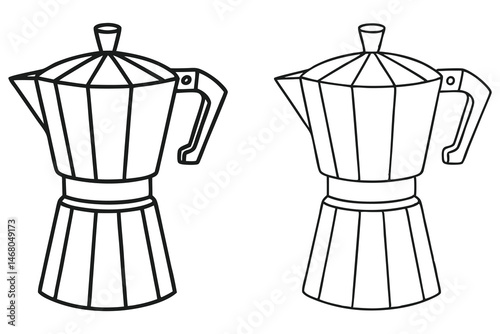 Two classic Moka pots are shown, rendered as bold black line drawings against a solid white background