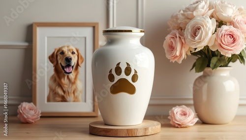 White ceramic pet urn with gold paw print and photo. Dog portrait, flowers, and roses on wooden table. Elegant, home decor, memorial, remembrance, sympathy.