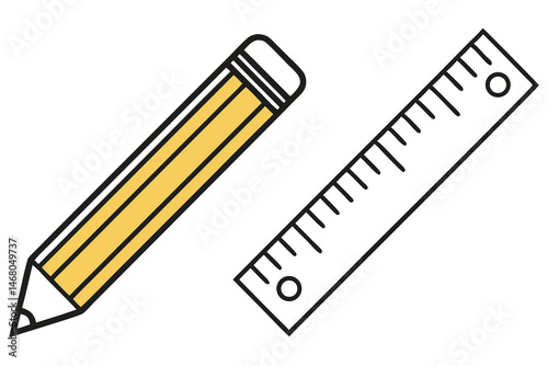 Yellow pencil and white ruler are displayed against a white background in this scene