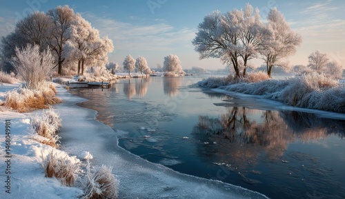 Winter wonderland: snow-covered trees reflected in a tranquil, partially frozen river.