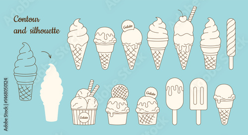 Summer set of flat contour ice cream doodle hand drawn icon, element. Outline drawing gelato in waffle, paper cone, isolated clipart collection on blue background. Vector EPS10