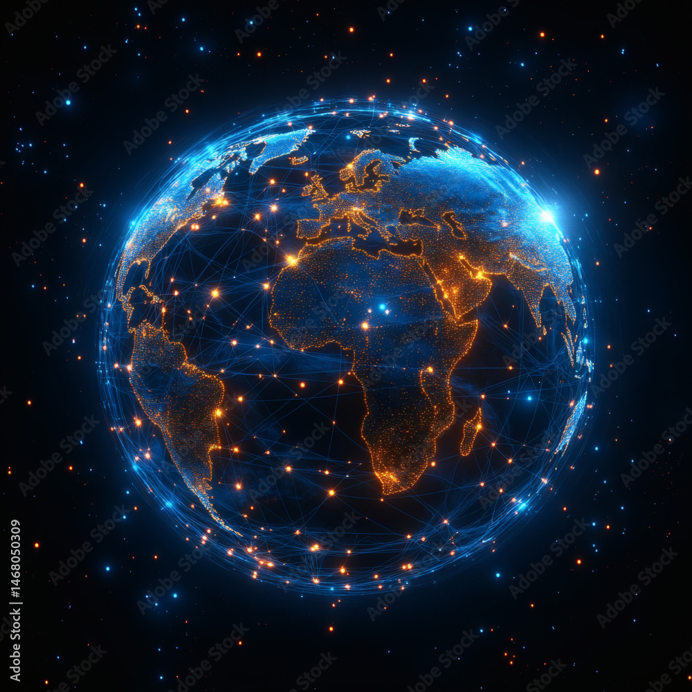 Obraz premium A glowing, digital representation of planet earth connected by a vast network.