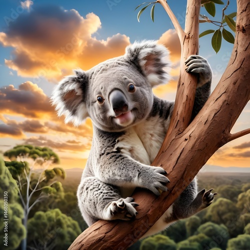 Koala on Eucalyptus Tree at Sunset