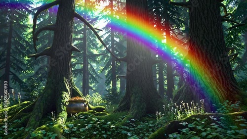 The embodiment of St. Patrick's Day, a celebration of luck, is an image of a leprechaun's pot overflowing with golden coins, set against a vibrant rainbow in a whimsical fairy forest setting