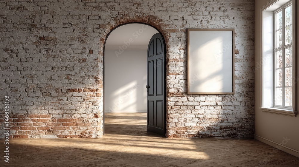 Obraz premium Rustic Brick Wall with Open Door and Empty Frame in Sunlit Room