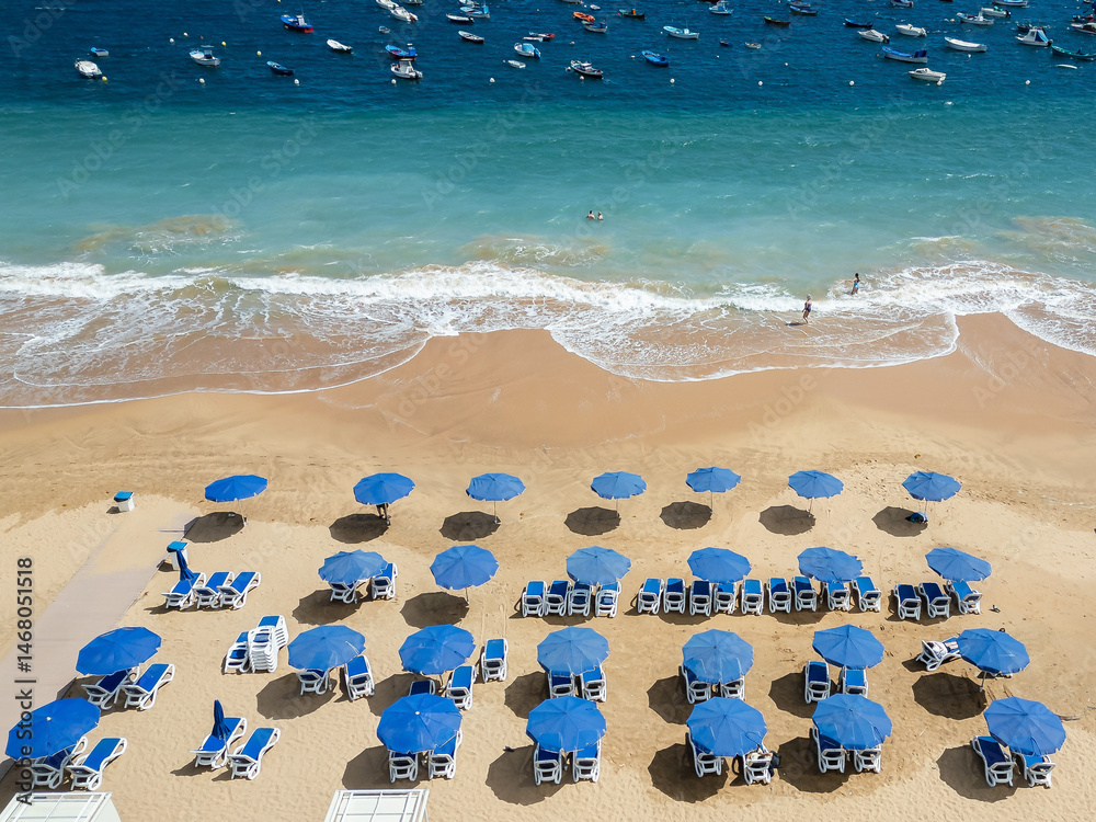 Drone view of beautiful beach Las Teresitas in San Andres, Tenerife.
