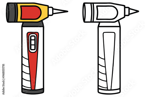 Two colorful and outlined otoscopes are presented against a transparent backdrop for versatile use