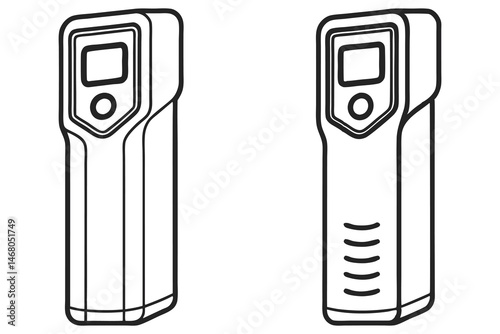Two black outlined alcohol breathalyzer devices feature screens and buttons over transparent background