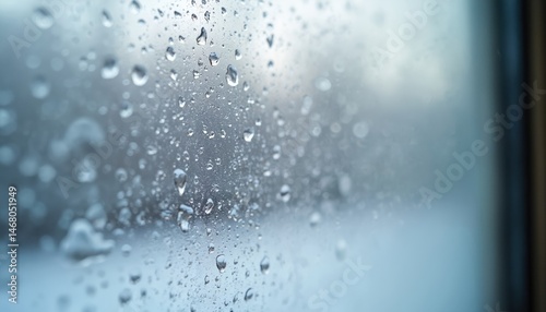 Close-up shot of window condensation, droplets on glass. Water vapor on window. Winter weather. Background is out of focus. Broken window seal. Raindrops on glass. Blurred city view. Cold season. photo