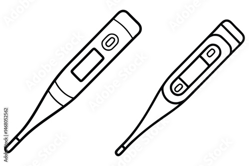 Outlined digital thermometers show medical equipment used for accurately measuring body temperature on transparent background