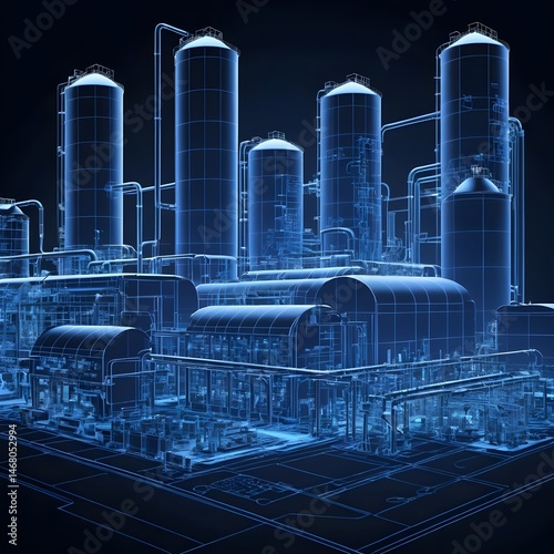 Blueprint of an Industrial Refinery at Night