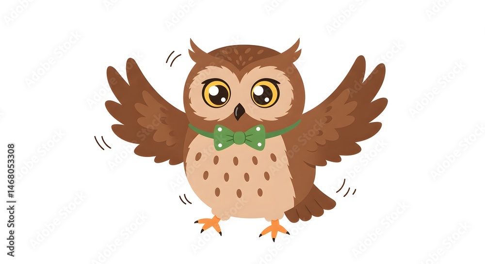 Fototapeta premium Cute Owl Cartoon with Bowtie Flapping Wings Character Design