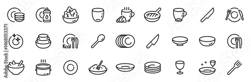 Dish plate, Food bowl and Cooking utensils set. Tableware icons. Fork, spoon and knife cutlery line icons. Grill pan, dish washer and dish with pasta. Food plate, glass and tea cup. Vector