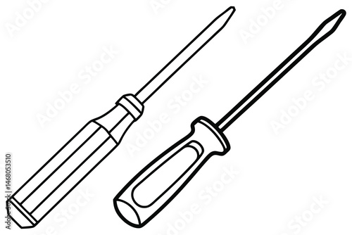 Two simple screwdrivers featuring a black outline stand on a white transparent background