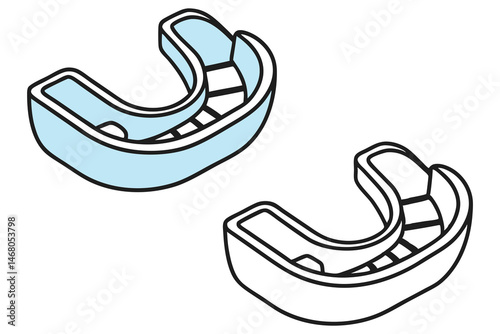 Two mouthguards, one in blue, the other in monochrome, sit isolated against a transparent background