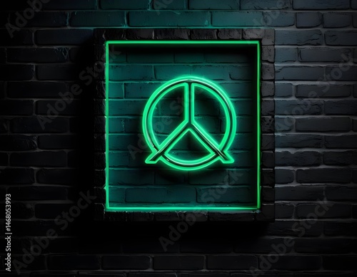 Green Neon Peace Sign on Brick Wall