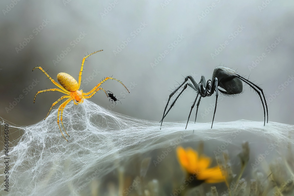 Naklejka premium A spider spinning its web around an insect, with the bug caught in its net. The background is blurred
