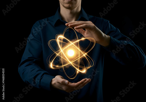 Businessman Holding Bright Atom Icon in Dark Background Golden Atom Model in Hands