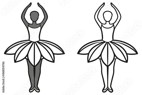 Two simplified figures show a ballerina with arms raised and wearing a tutu